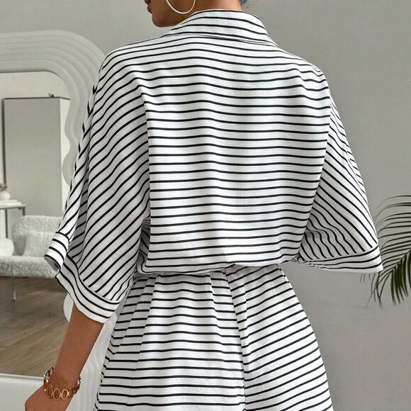 Multicolor Casual Women's Striped Batwing Sleeve Front Button Romper - Picture 2 of 6